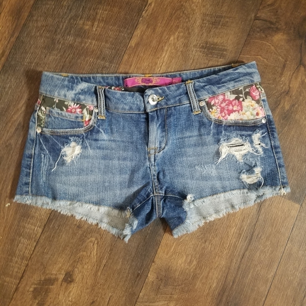 c pink distressed floral jeans shorts